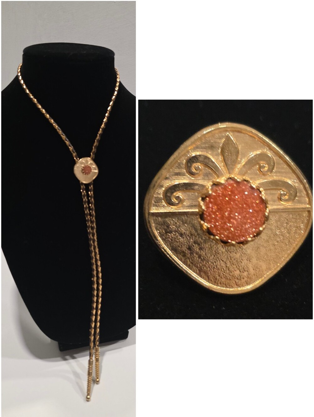 Goldstone Bolo Tie Gold Tone Brown Braided Cord Western Boho Necklace 33”